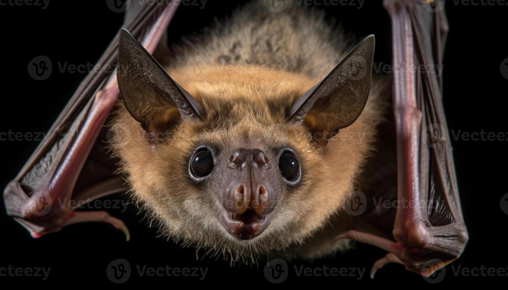 peloso pipistrello fissa, impaurito, nel buio notte generato di ai foto