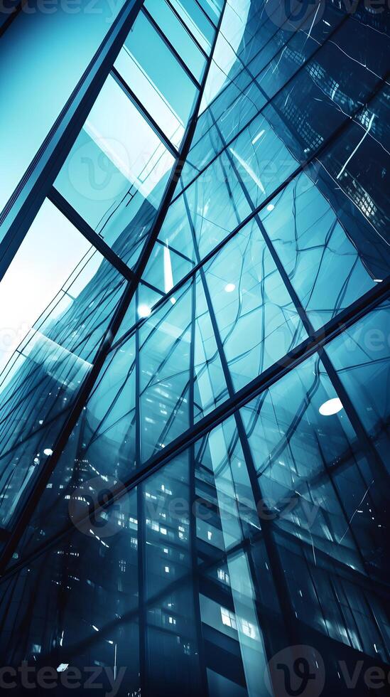 grattacielo edificio nel il cuore di il città con geometrico modelli e un' simmetrico disegno, con di colore blu bicchiere finestre quello riflettere il circostante urbano paesaggio. generativo ai foto