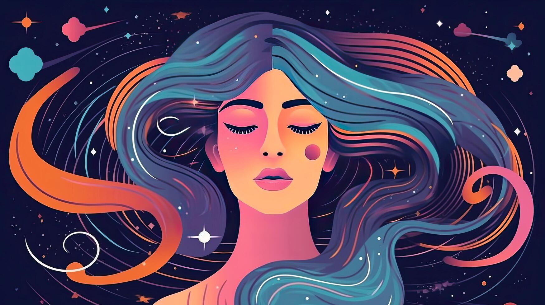 tranquillo, calmo donna con terzo occhio impiega intuizione nel decisioni. psichico ragazza considera mente e cuore. spiritualità, esoterismo. illustrazione nel cartone animato stile, generativo ai illustrazione foto