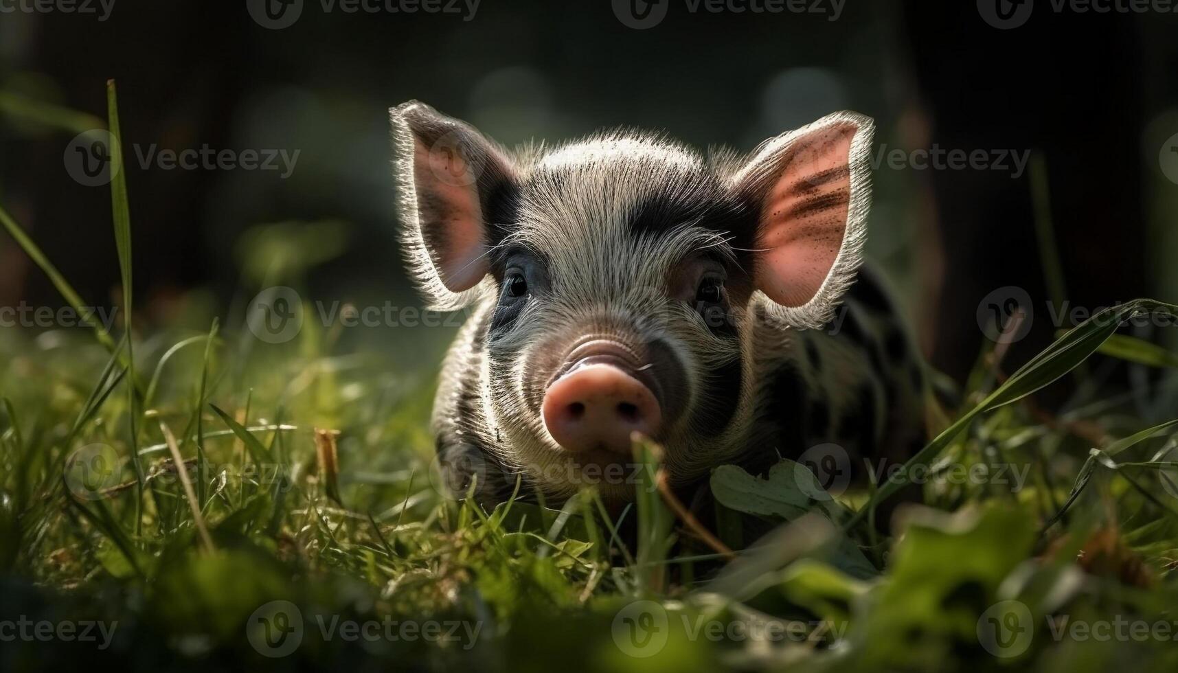 carino maialino pascolo nel verde prato generato di ai foto