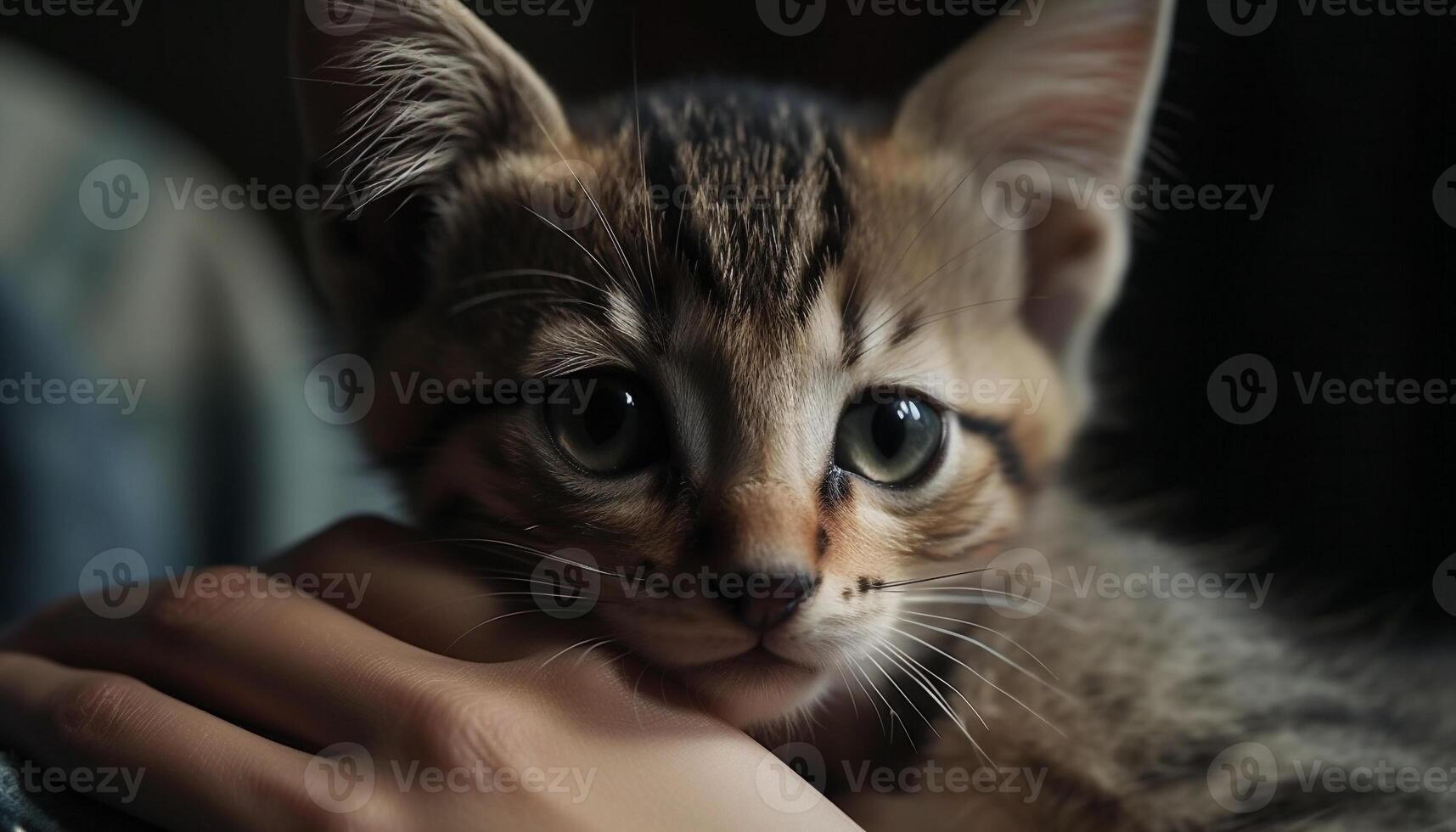 soffice gattino fissando con curiosità a telecamera vicino su generato di ai foto