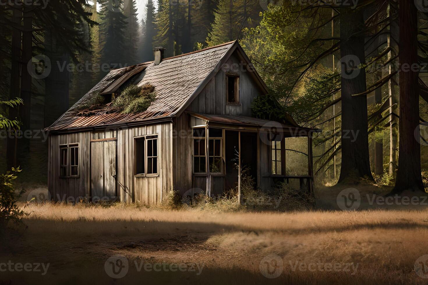 un' fotografia di un abbandonato Casa annidato nel il cuore di un' foresta. generativo ai foto