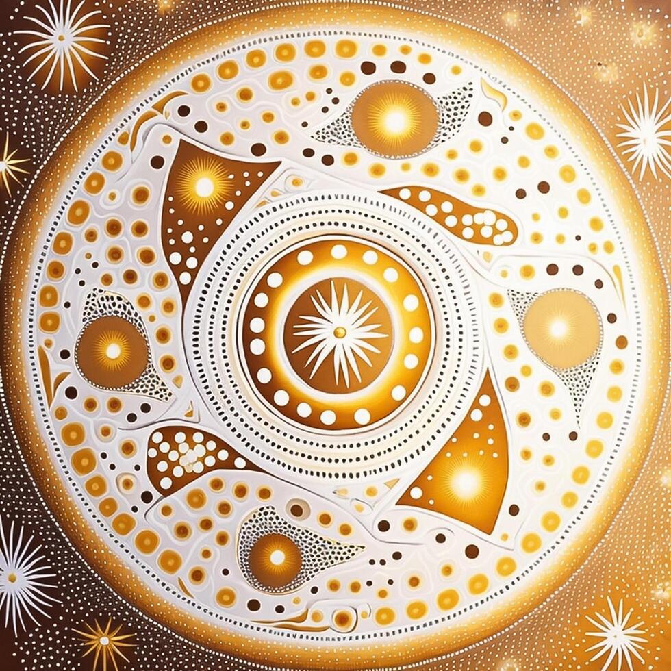 australiano aborigeno opera d'arte di intricato antico simbolismo oro bianca luminoso colori ai generato foto
