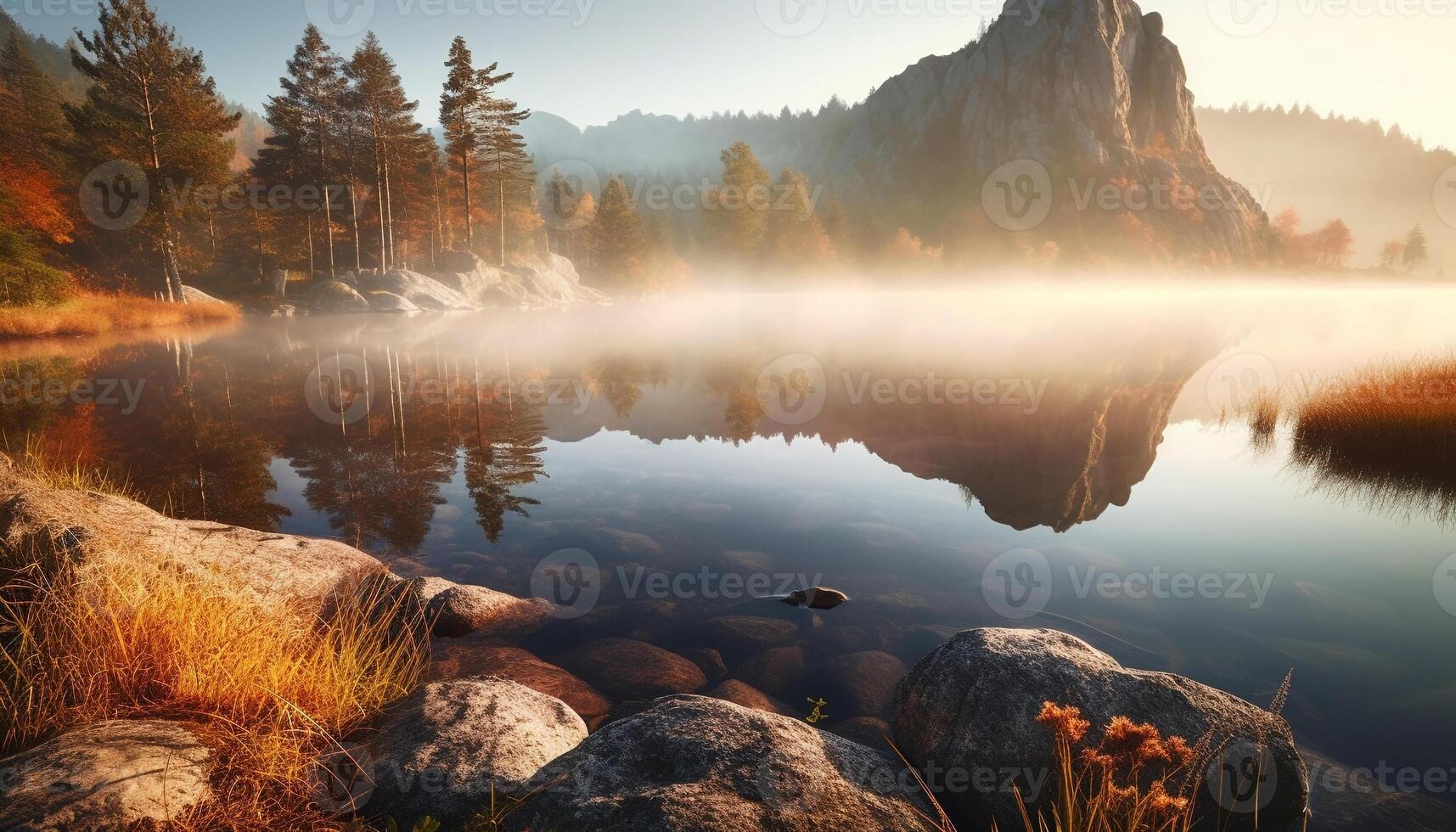 tranquillo scena di montagna riflessione nel stagno generato di ai foto