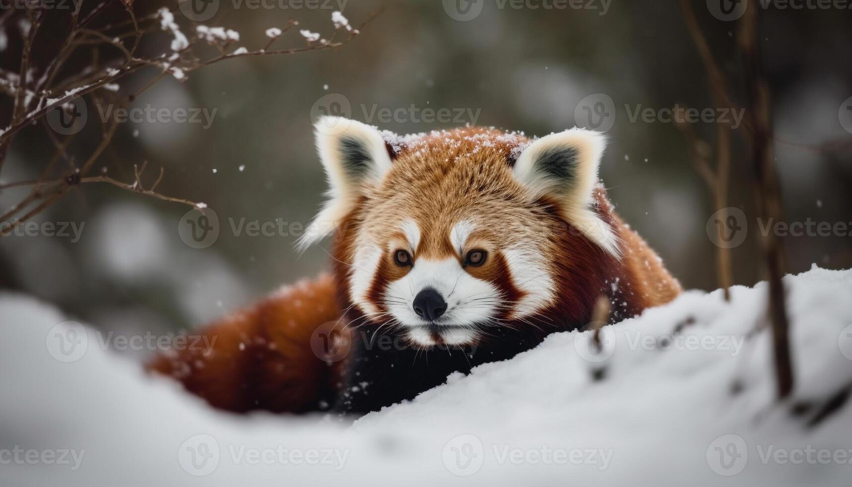 rosso Volpe seduta su neve coperto ramo generato di ai foto
