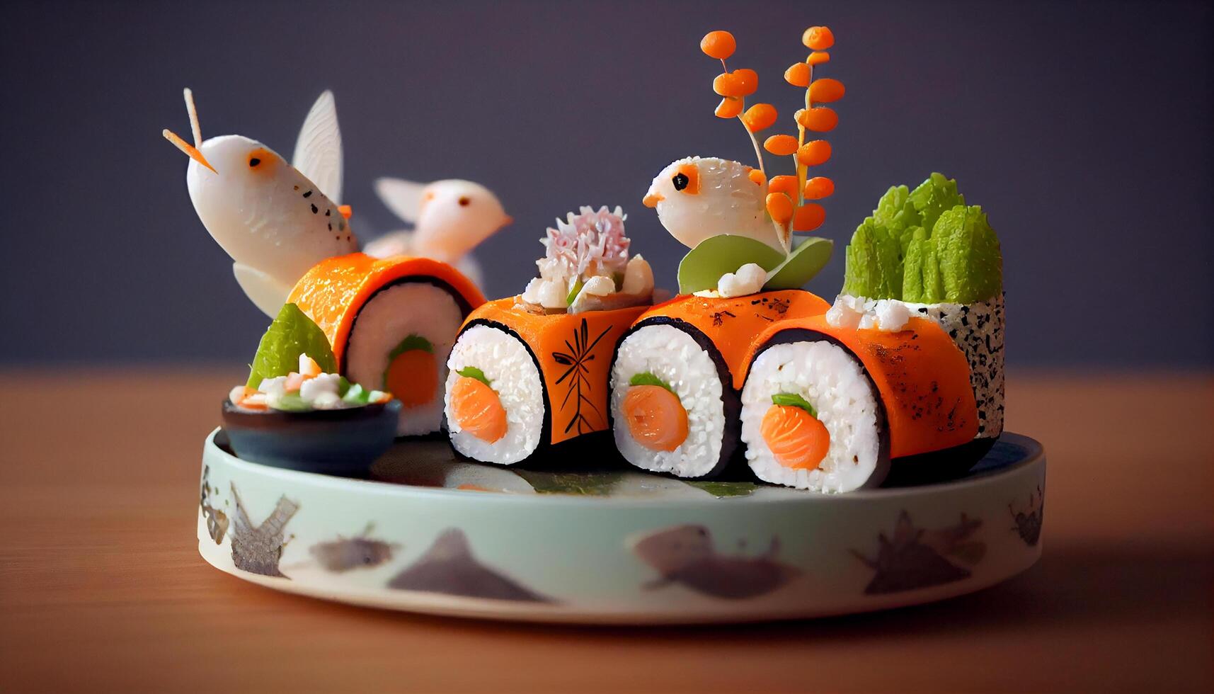 fresco frutti di mare piatto con Sushi e decorazioni generato di ai foto