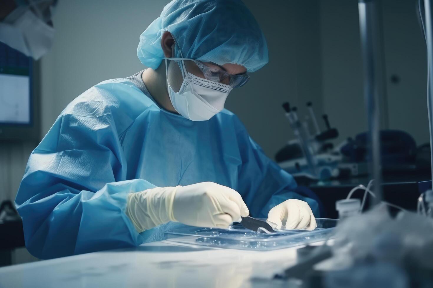 veterinario chirurgia nel operazione camera prendere con arte illuminazione e blu filtro, un' chirurgo utilizzando medico attrezzatura nel il operativo camera, ai generato foto