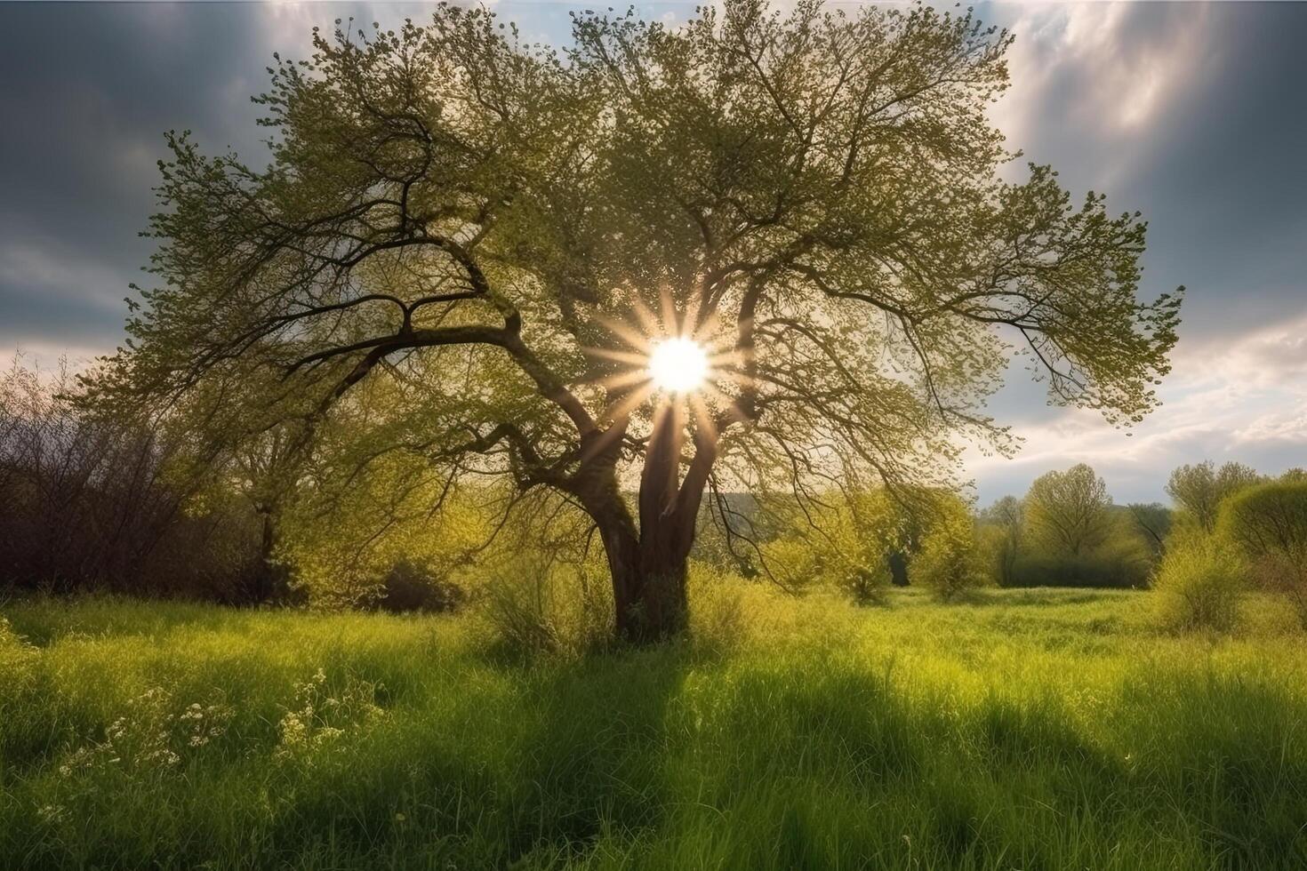 bellissimo primavera paesaggio con un' grande albero su un' verde prato, un' bellissimo natura Visualizza con un' verde albero nel il mattina, ai generato foto