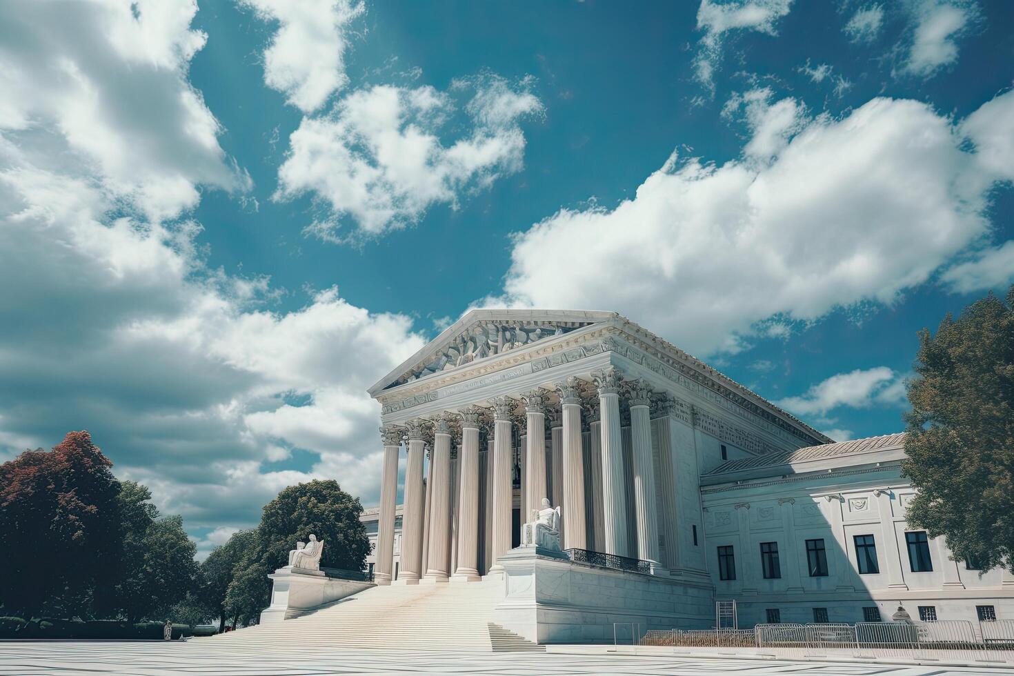 il unito stati supremo Tribunale edificio nel Washington dc, unito stati. un' Vintage ▾ supremo Tribunale al di fuori Visualizza con un' blu cielo, ai generato foto