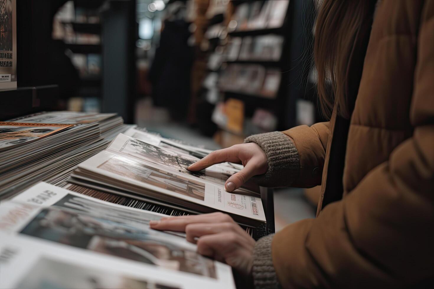 avvicinamento di un' giovane donna lettura un' rivista nel un' libreria, un' avvicinamento di un' femmina i clienti mani l'esame merce o Tenere un' shopping elemento, ai generato foto