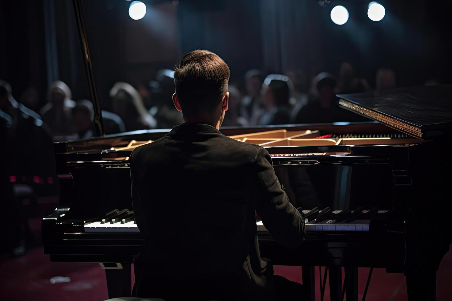 posteriore Visualizza di un' uomo giocando il pianoforte nel un' concerto sala, un' pianista giocando un' mille dollari pianoforte con passione e competenza, ai generato foto