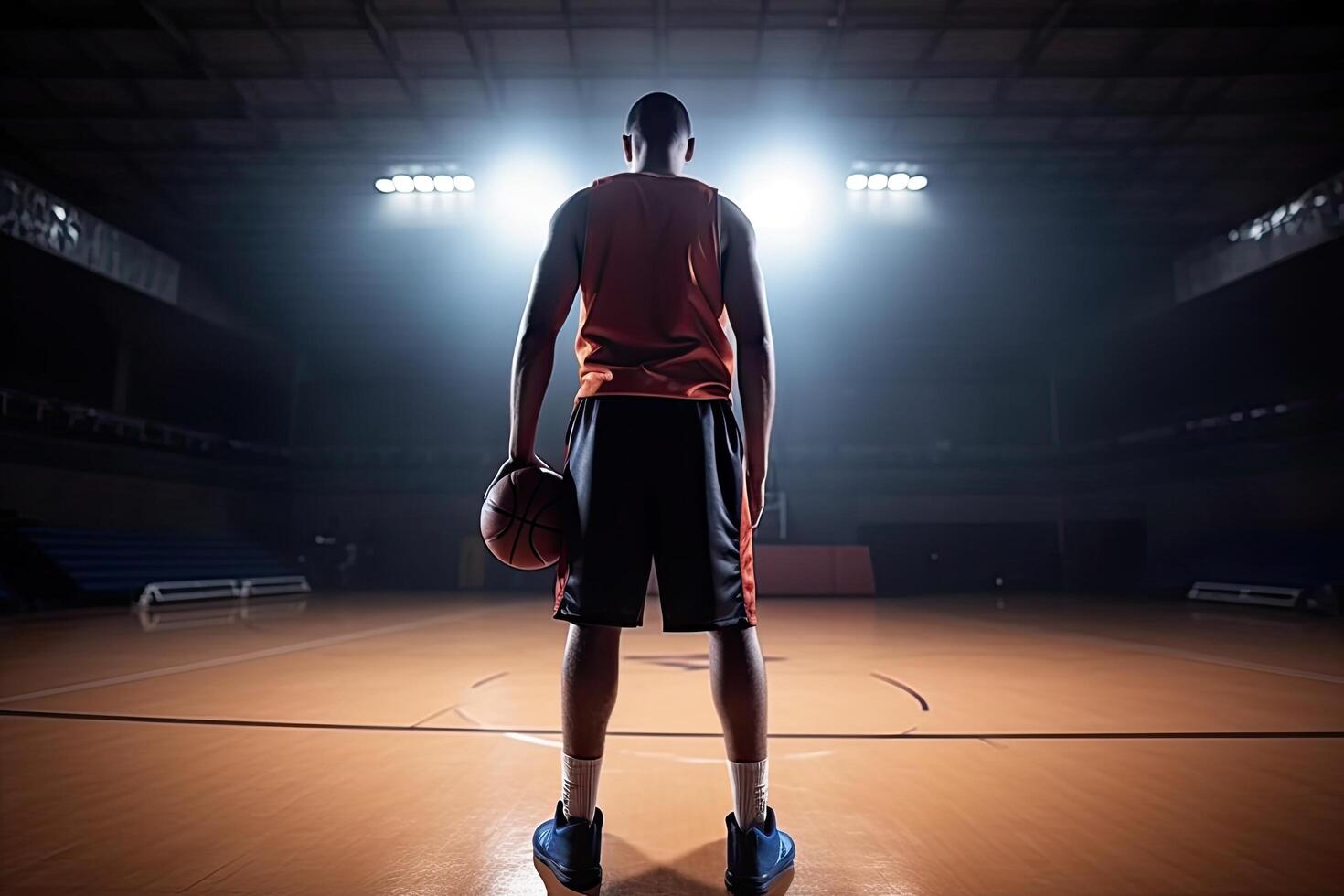 pallacanestro giocatore praticante e in posa per pallacanestro e gli sport atleta concetto su gli sport arena sfondo, un' pallacanestro giocatore pieno posteriore Visualizza in piedi con pallacanestro ai generato foto