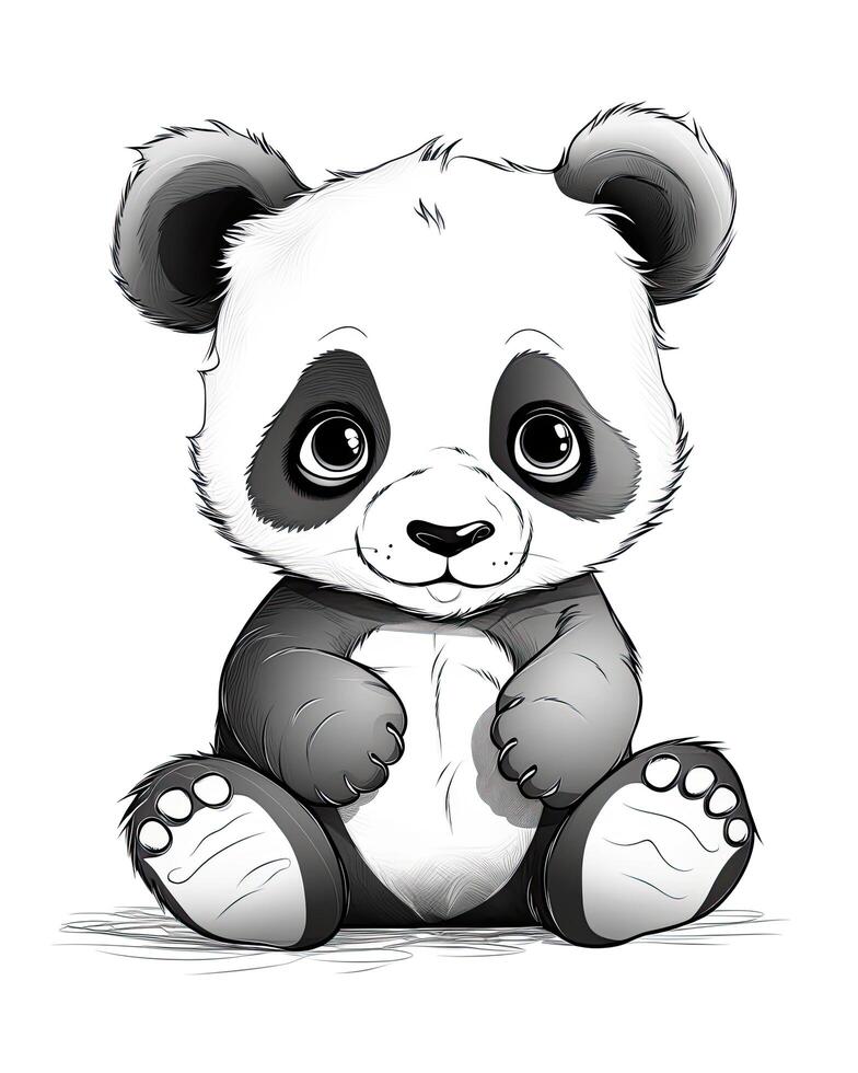 panda cucciolo mangiare bambù illustrazione fascio per bambini. nero e bianca bambino panda illustrazione. carino bambino panda seduta impostato design su un' bianca sfondo. panda cucciolo con bellissimo occhi. ai generato. foto