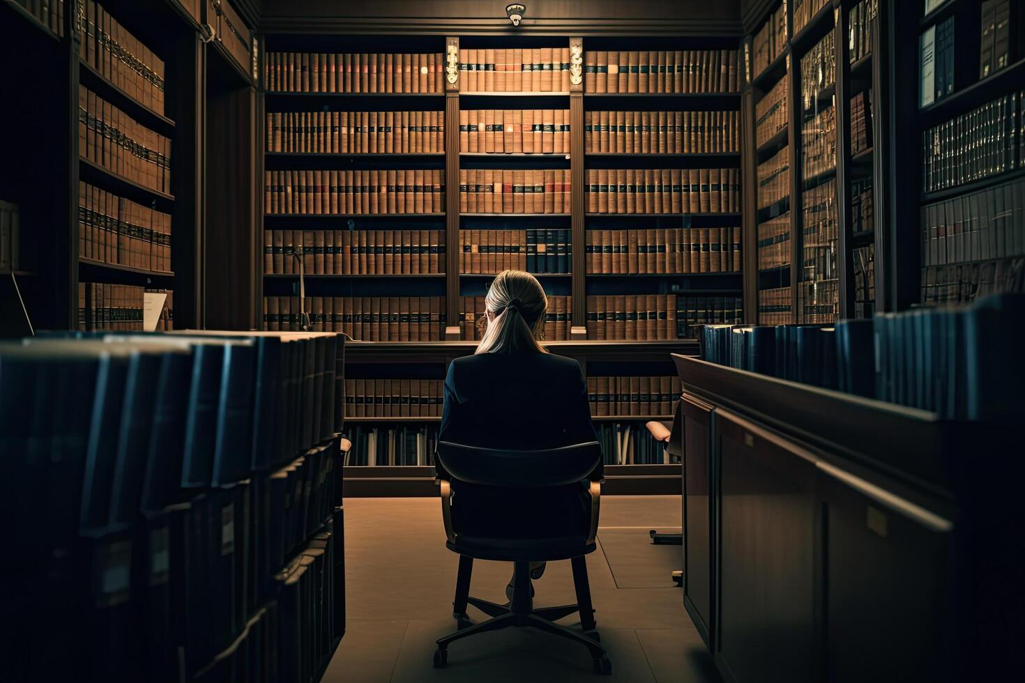 giovane donna seduta nel un' biblioteca e guardare a il libreria, un' femmina avvocato seduta con fiducia immersa nel legale opera, ai generato foto