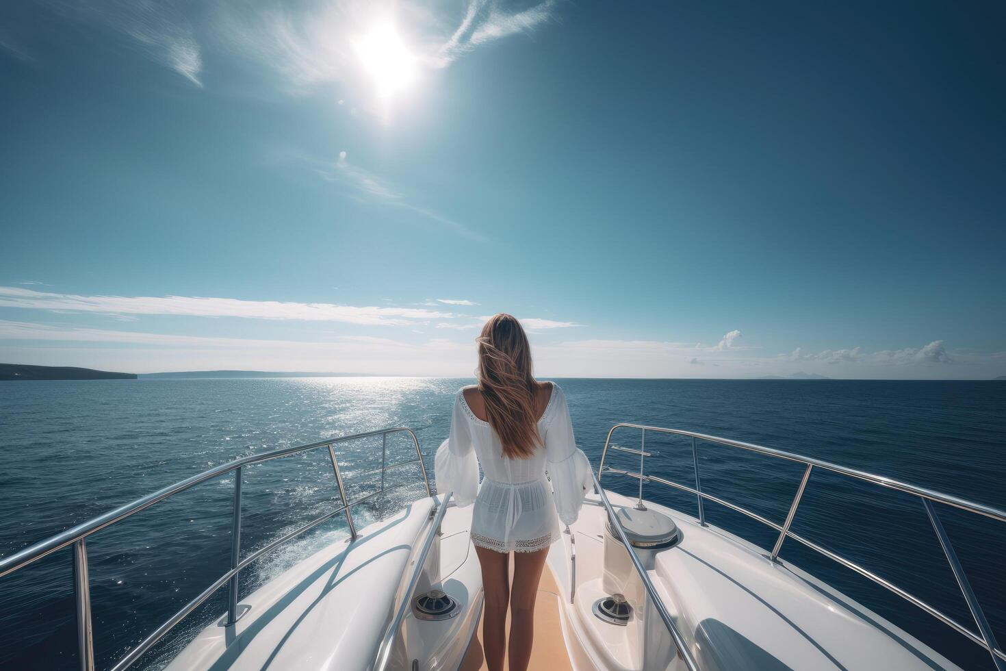 un' bellissimo giovane donna andare in barca su un' yacht su un' soleggiato giorno. un' bellissimo giovane signora pieno posteriore Visualizza senza un' viso, ai generato foto