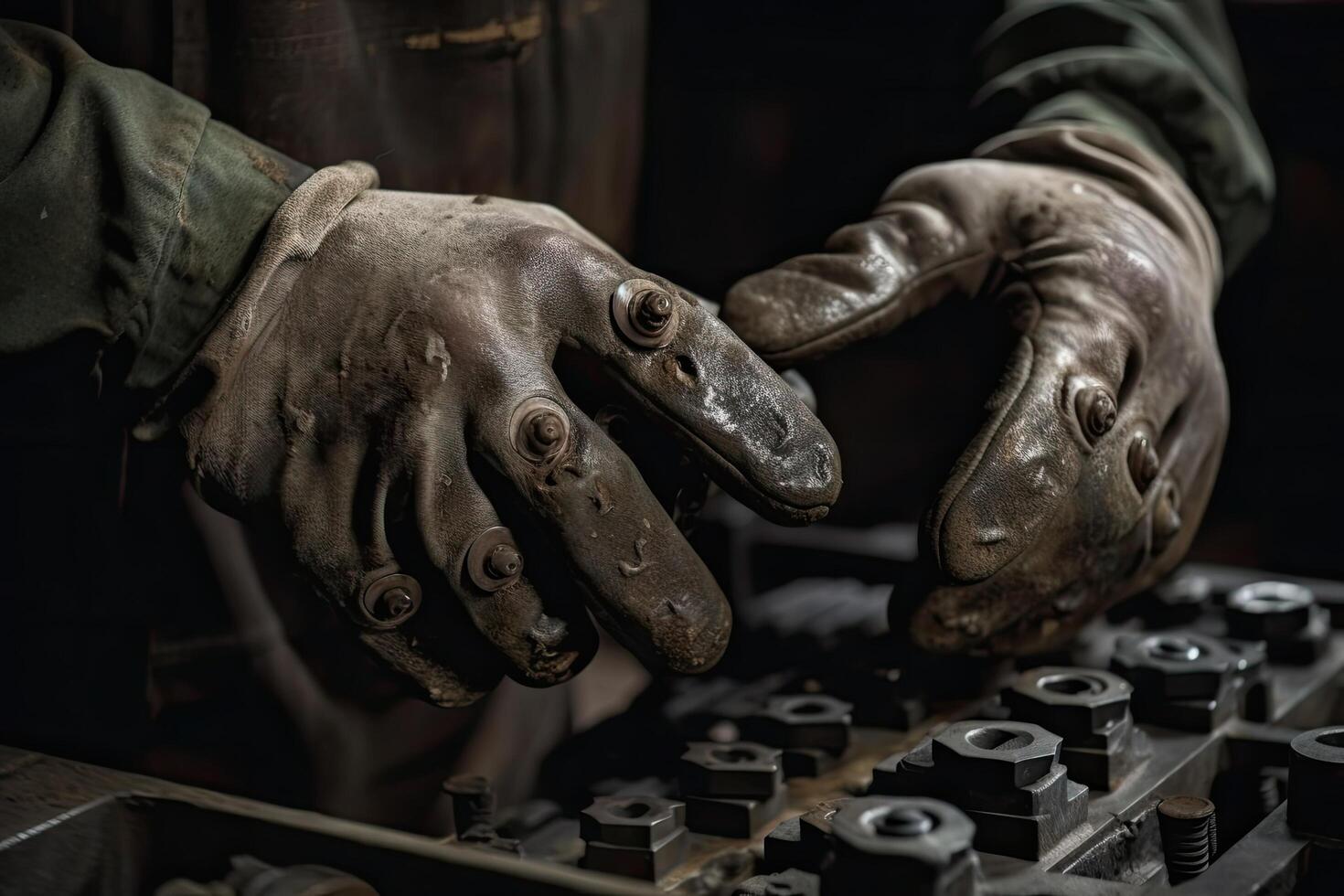 avvicinamento di il mani di un' saldatore Lavorando nel un' fabbrica, A avvicinamento Visualizza di fabbrica lavoratore mani nel azione, ai generato foto