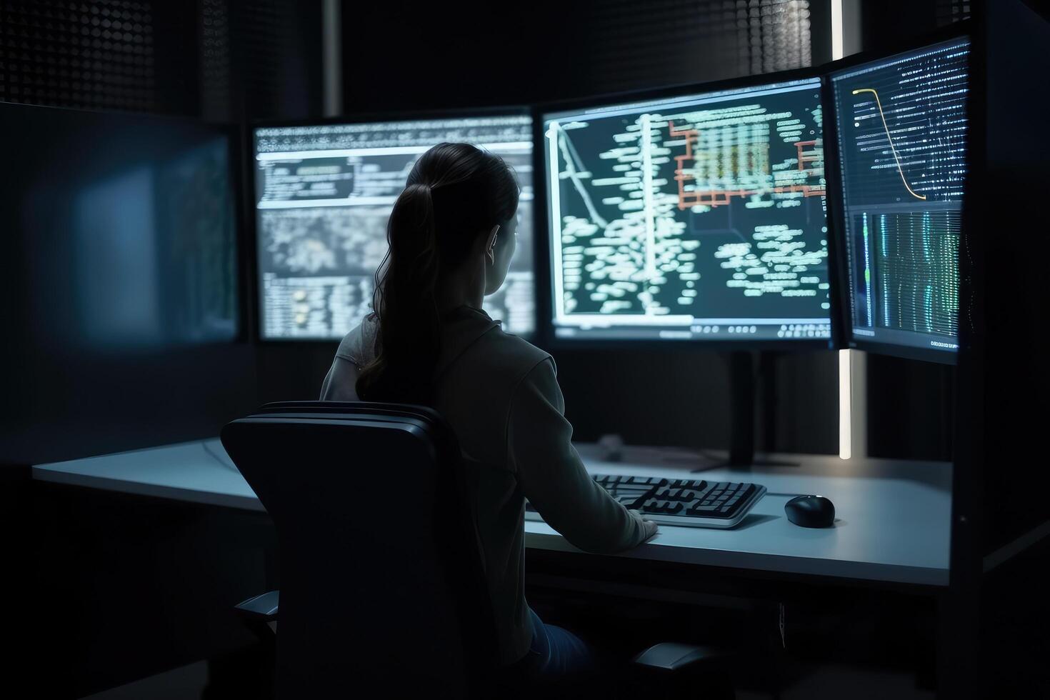 lato Visualizza di giovane femmina programmatore Lavorando su computer a notte nel buio ufficio, un' femmina programmatore codifica e Lavorando su un' computer nel sua ufficio, ai generato foto
