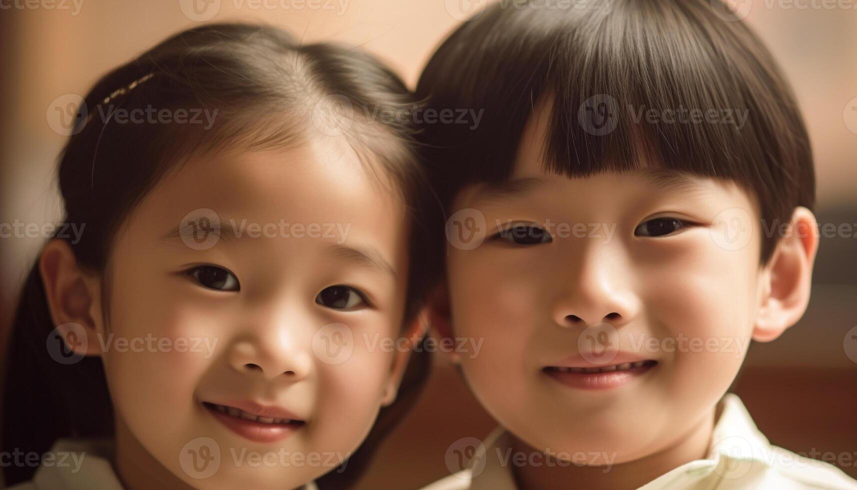 Due carino sorridente ragazzi e ragazze di diverso etnie giocando insieme generato di ai foto