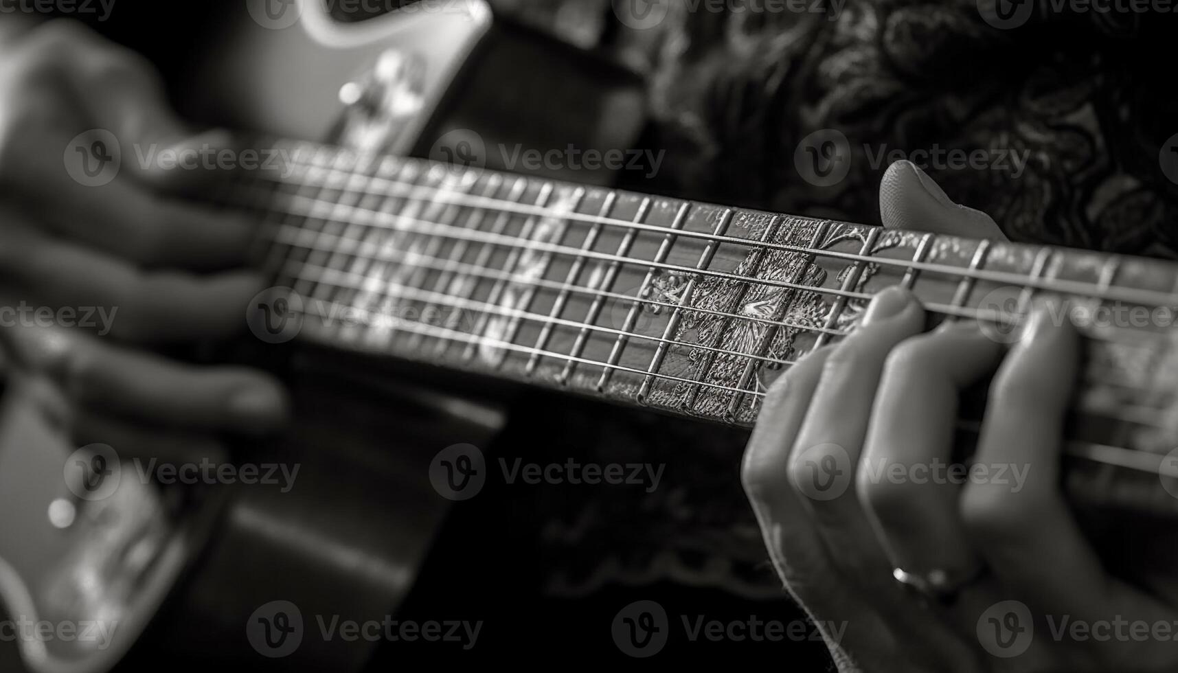 caucasico chitarrista giocando acustico chitarra, spiumatura stringhe con umano dita generato di ai foto