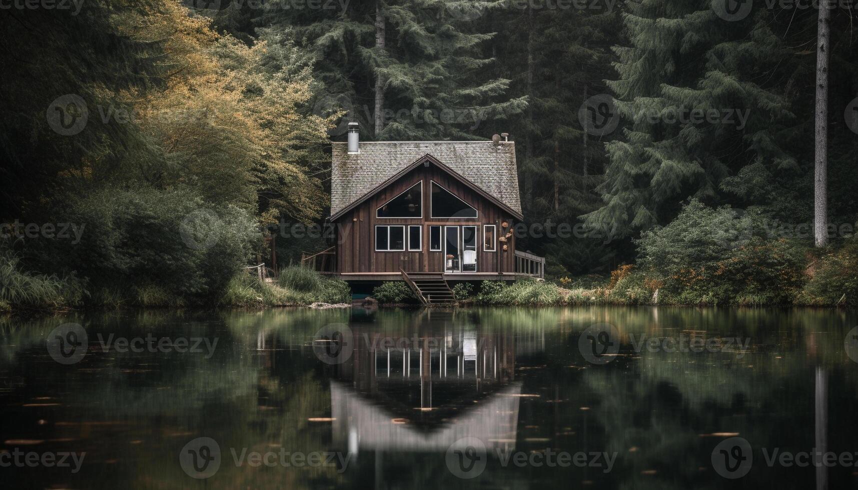 tranquillo scena di un vecchio stile log cabina nel un' foresta generato di ai foto