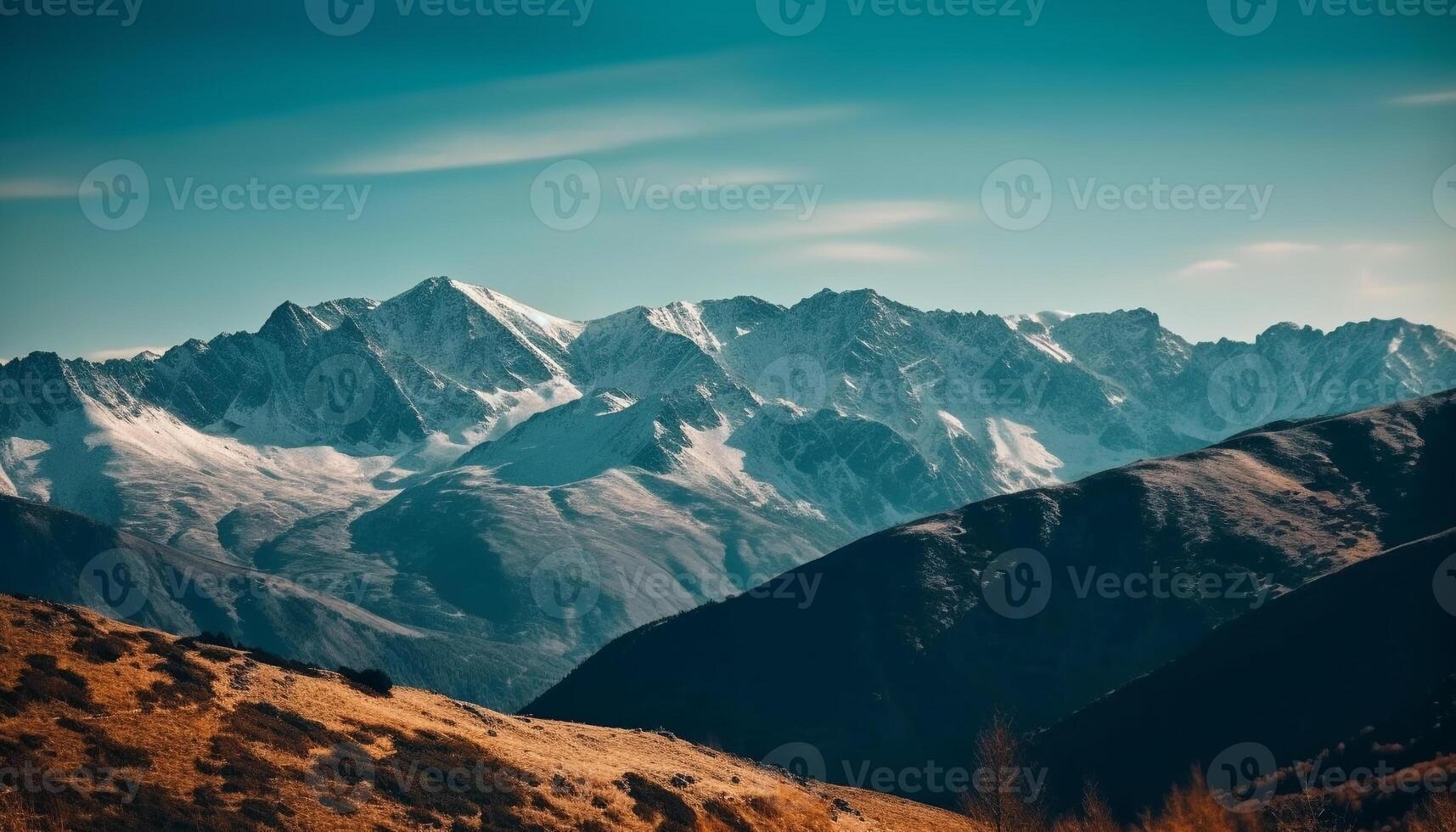 maestoso montagna gamma, panoramico Visualizza, estremo terreno, avventura attende generato di ai foto