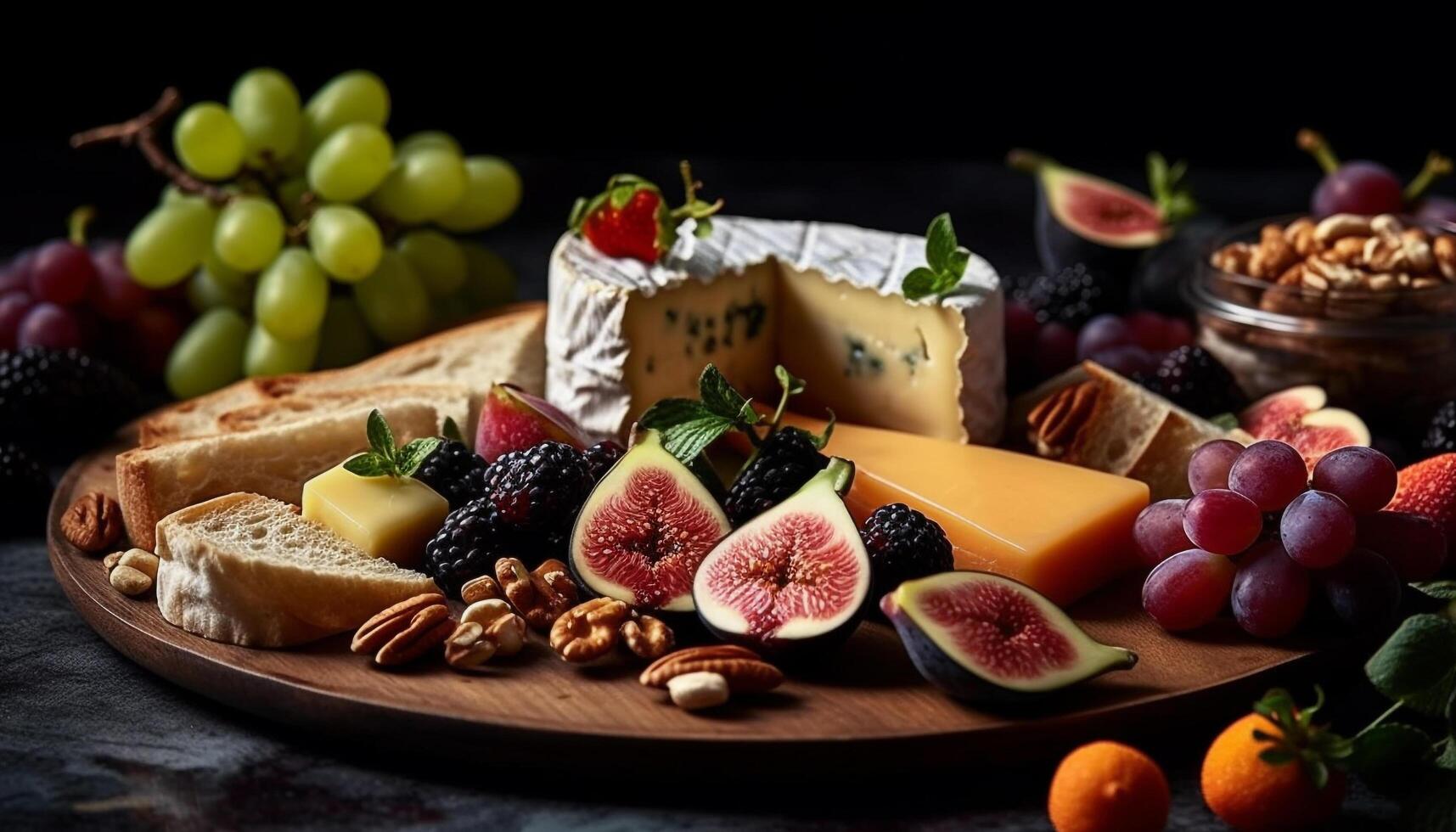 buongustaio formaggio tavola con fresco frutta, pane, e vino variazioni generato di ai foto