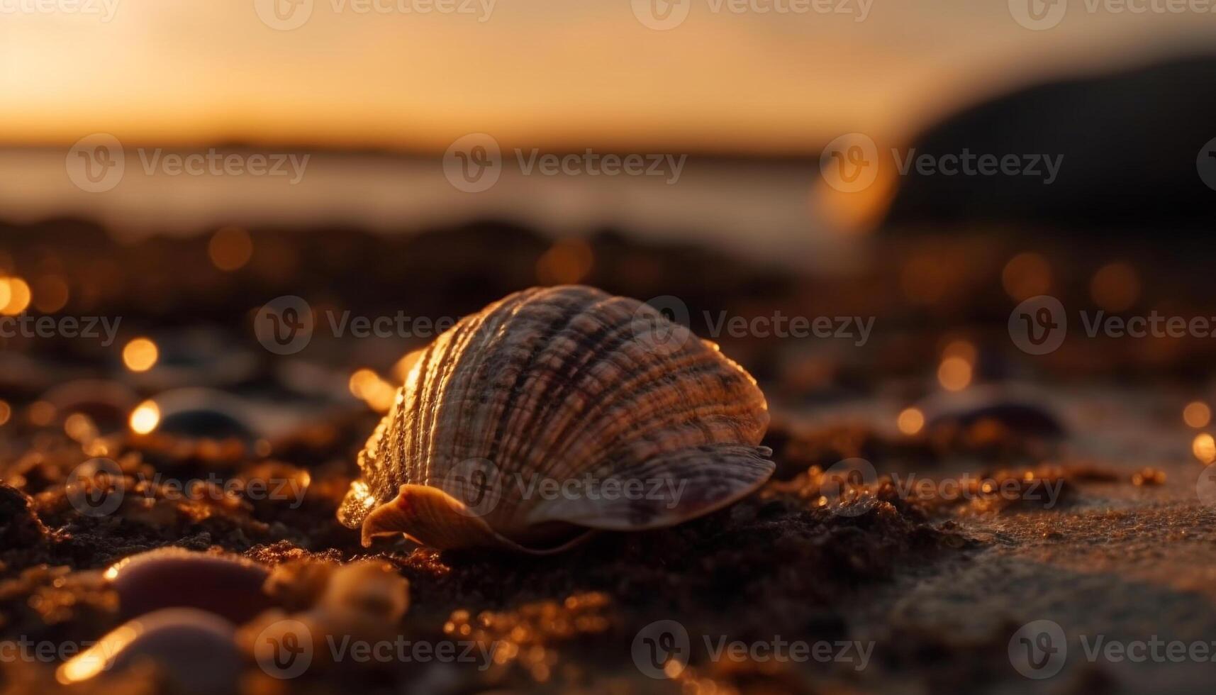 tramonto conchiglia spirale, giallo stella marina su blu acque bordo generato di ai foto