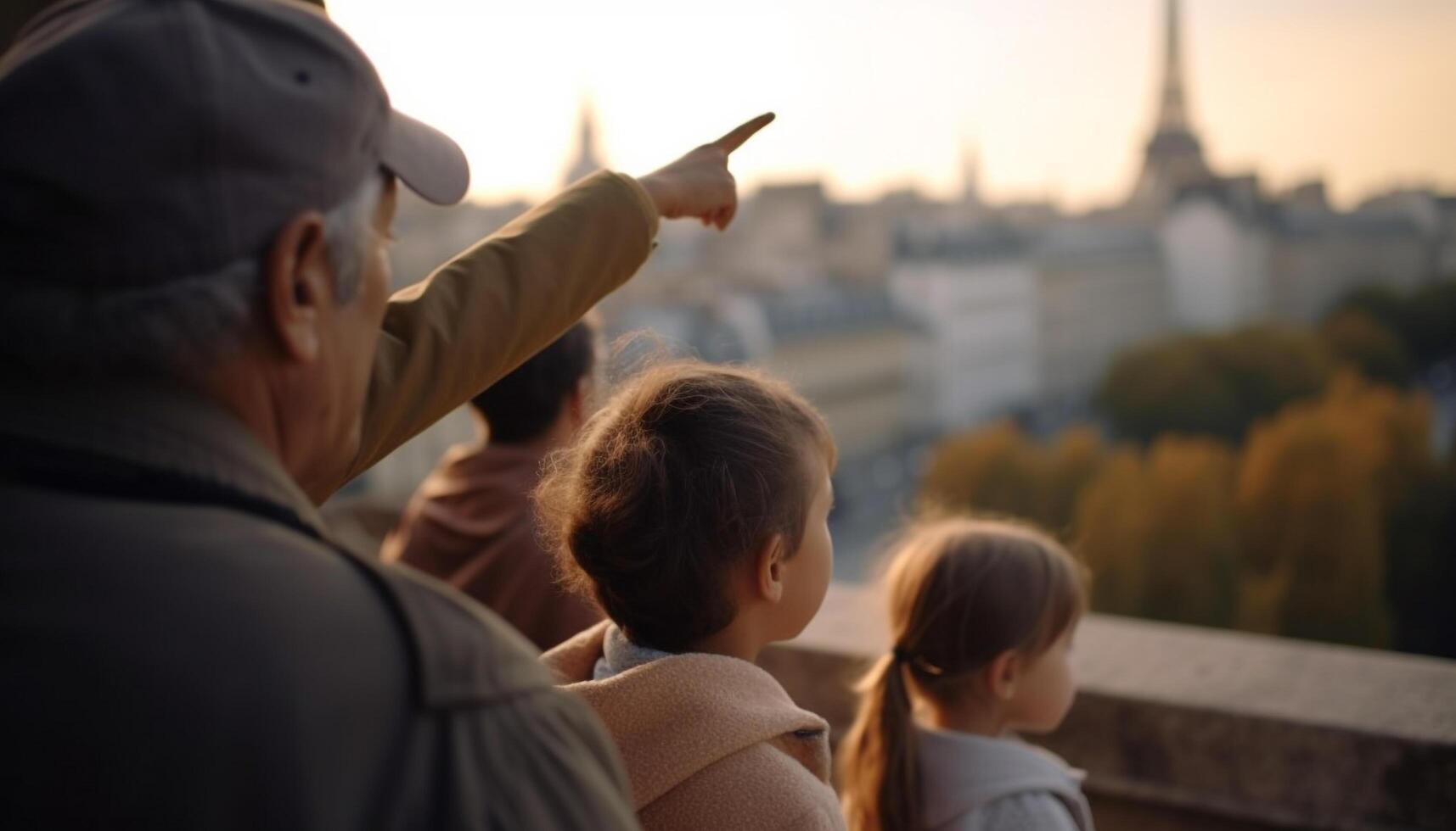 famiglia bonding all'aperto, godendo natura tramonto, mostrando amore e felicità generato di ai foto