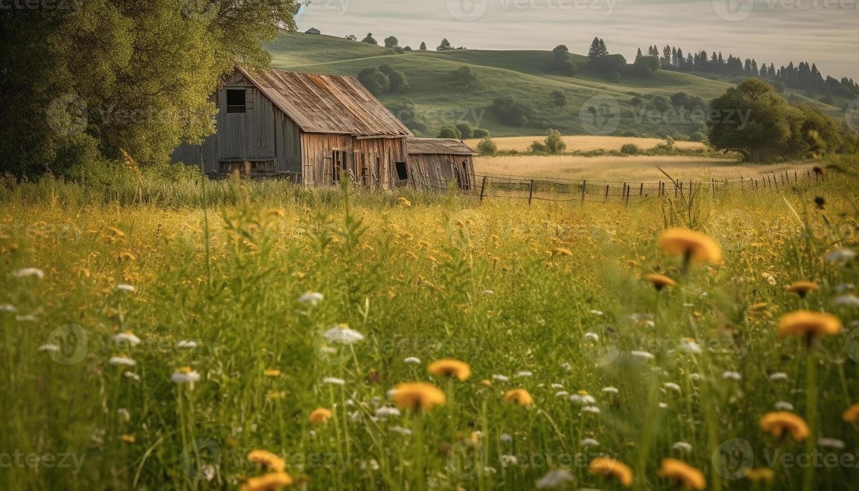 tranquillo prato, rustico fienile, giallo denti di leone, idilliaco campagna, sereno tramonto generato di ai foto