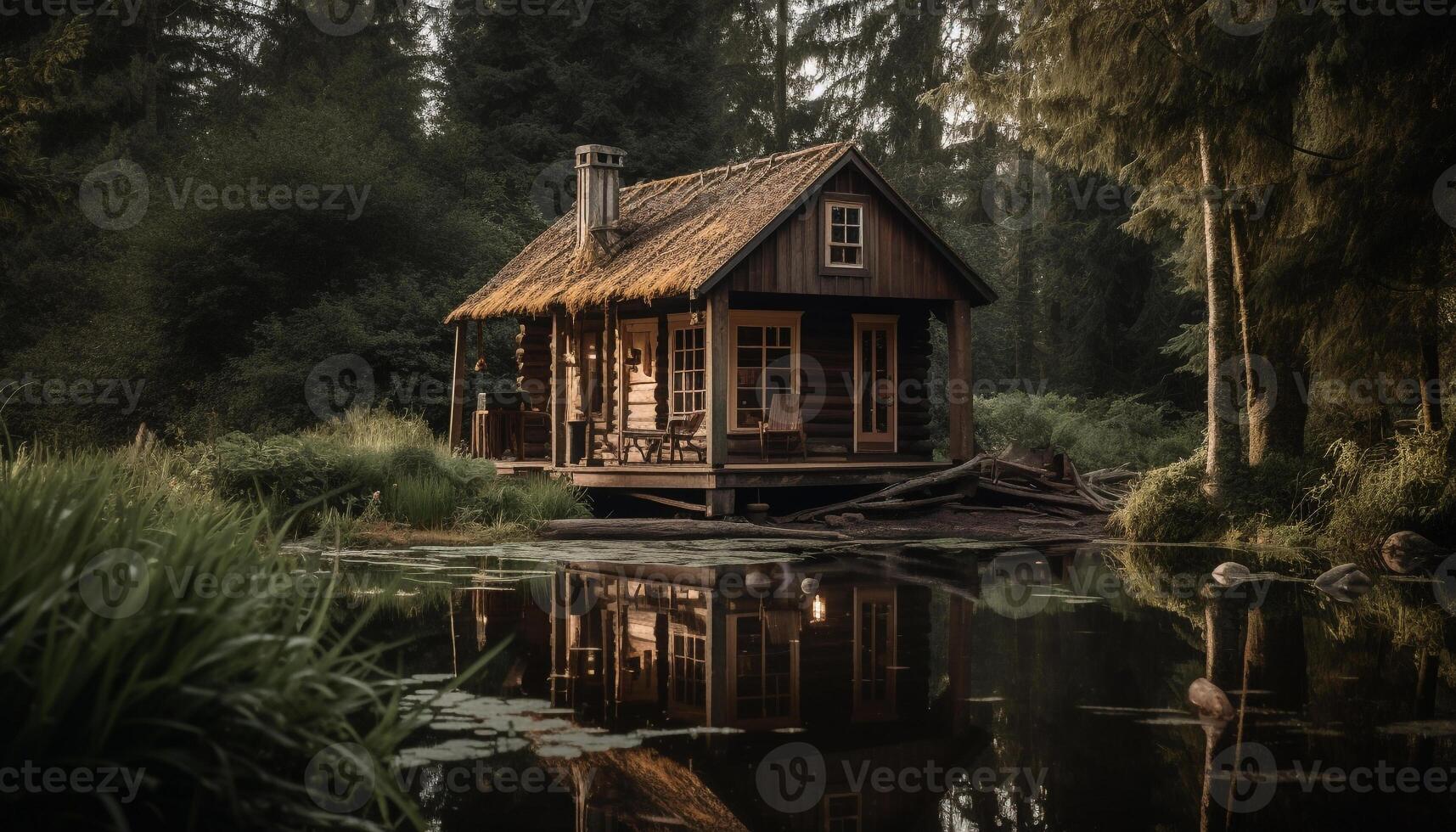 tranquillo scena di un vecchio stile log cabina generato di ai foto