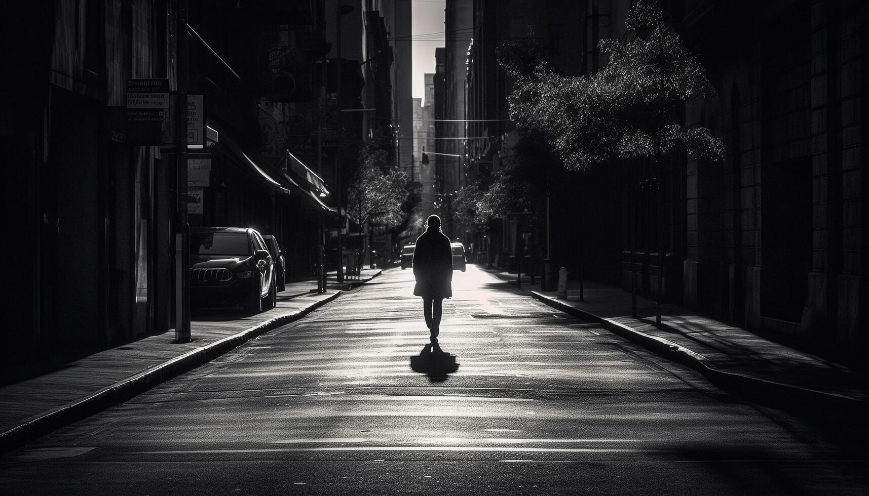 solitario uomo d'affari si precipita attraverso città vita notturna, sfocato movimento e ombre generato di ai foto