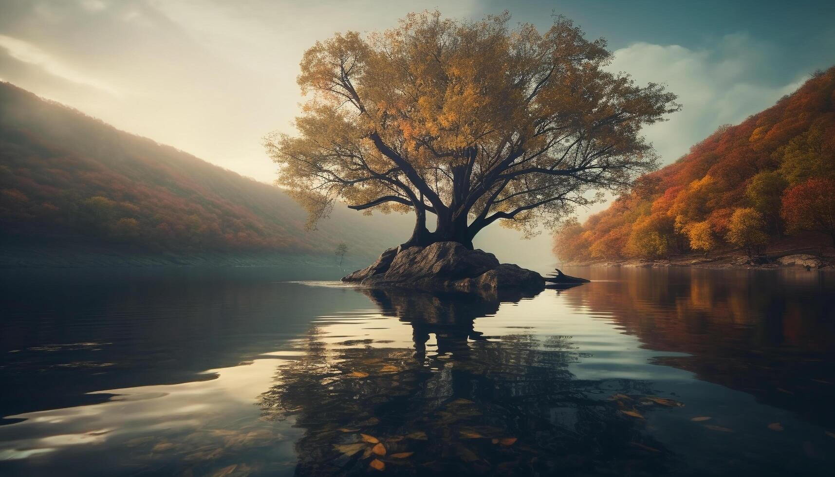 d'oro autunno albero riflette nel tranquillo stagno, natura bellezza in mostra generato di ai foto