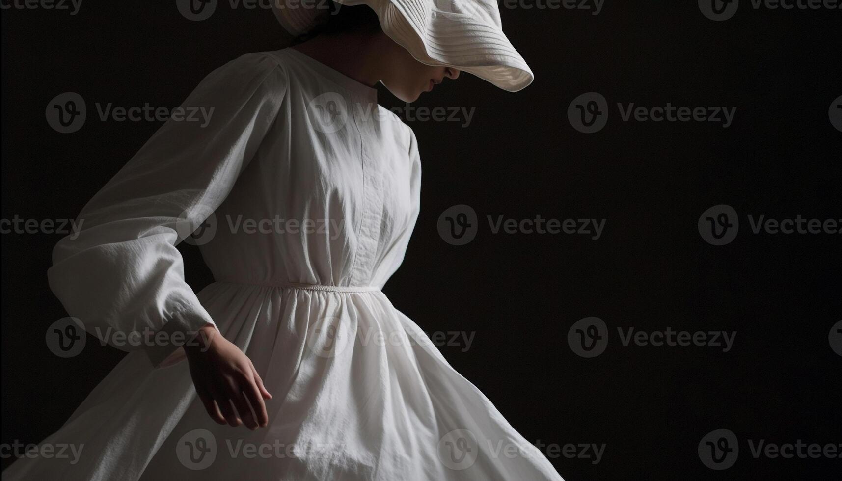 uno donna in piedi nel nero vestire, velo, e eleganza generato di ai foto