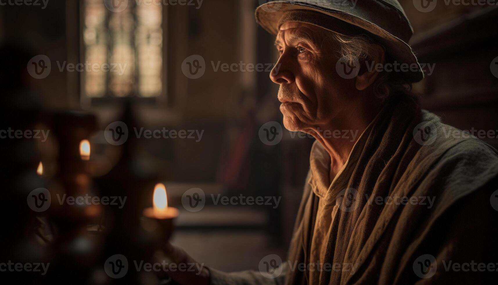 anziano uomini preghiere con candela fiamma nel tranquillo cristiano scena generato di ai foto
