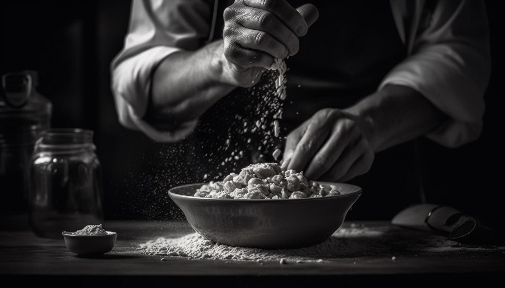 caucasico maschio capocuoco impasto Impasto per fatti in casa salutare cereale merenda generato di ai foto