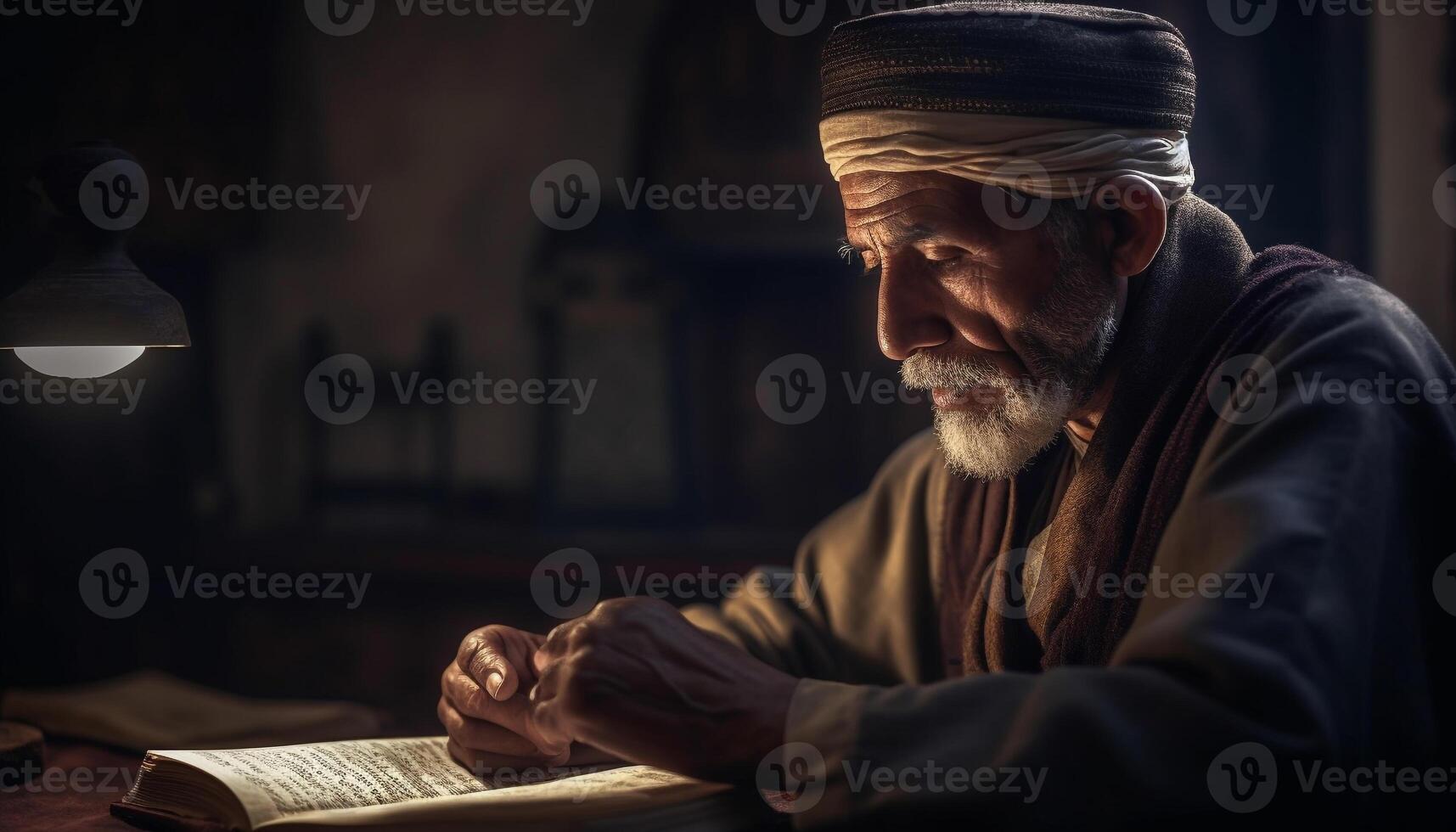 anziano uomo lettura Bibbia, Meditare su spiritualità e religione generato di ai foto