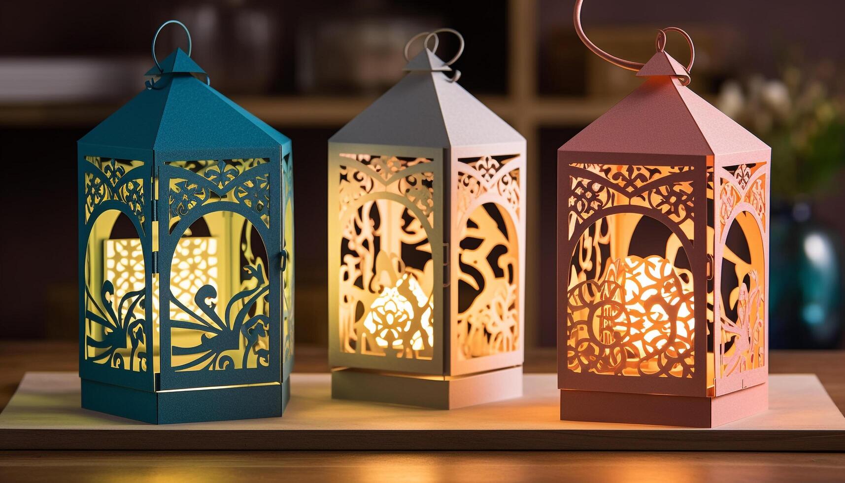 Ramadan lanterna decorazione si illumina notte con ornato Arabo stile illuminazione generato di ai foto