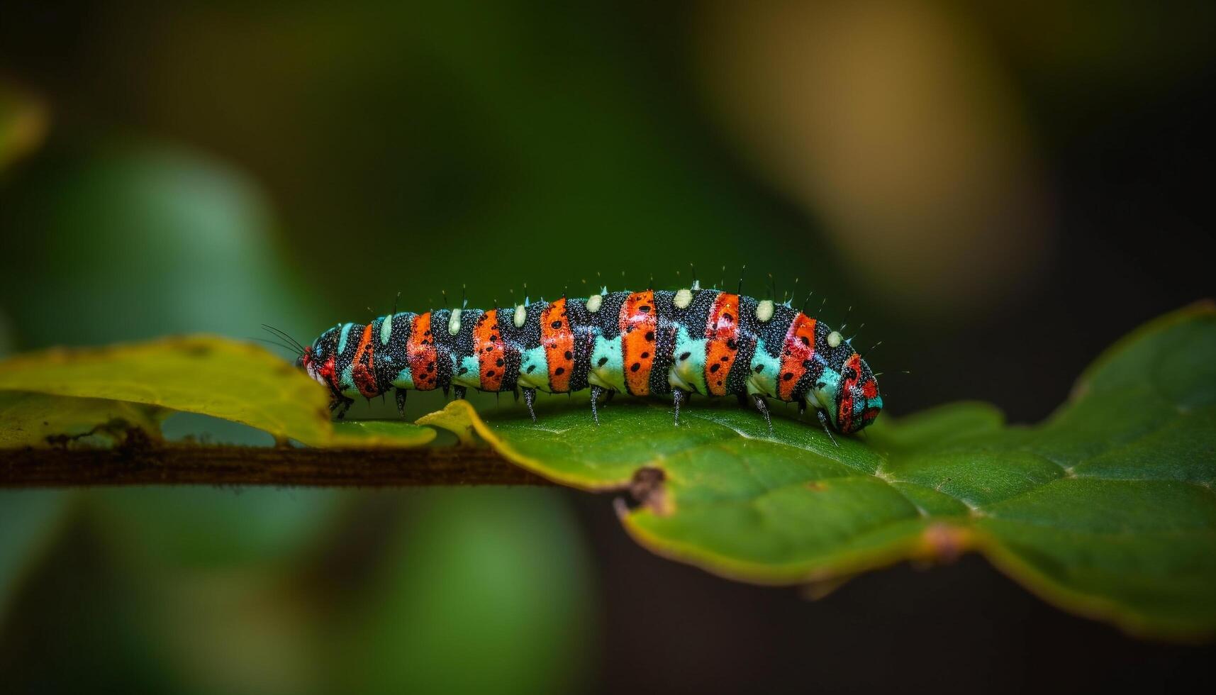 Multi colorato bruco striscia su verde foglia generativo ai foto