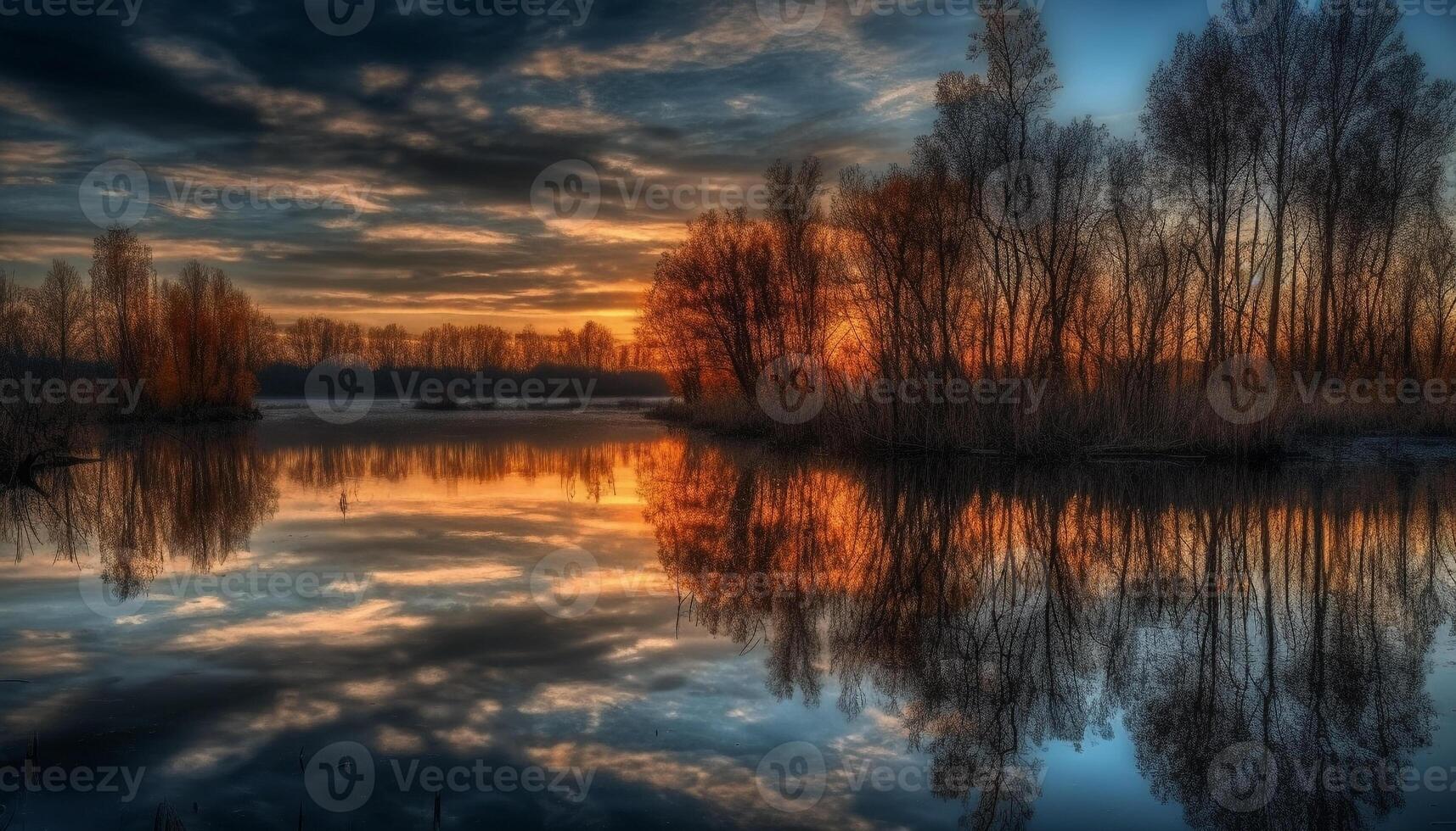 tranquillo tramonto riflessione su acqua, natura bellezza generato di ai foto