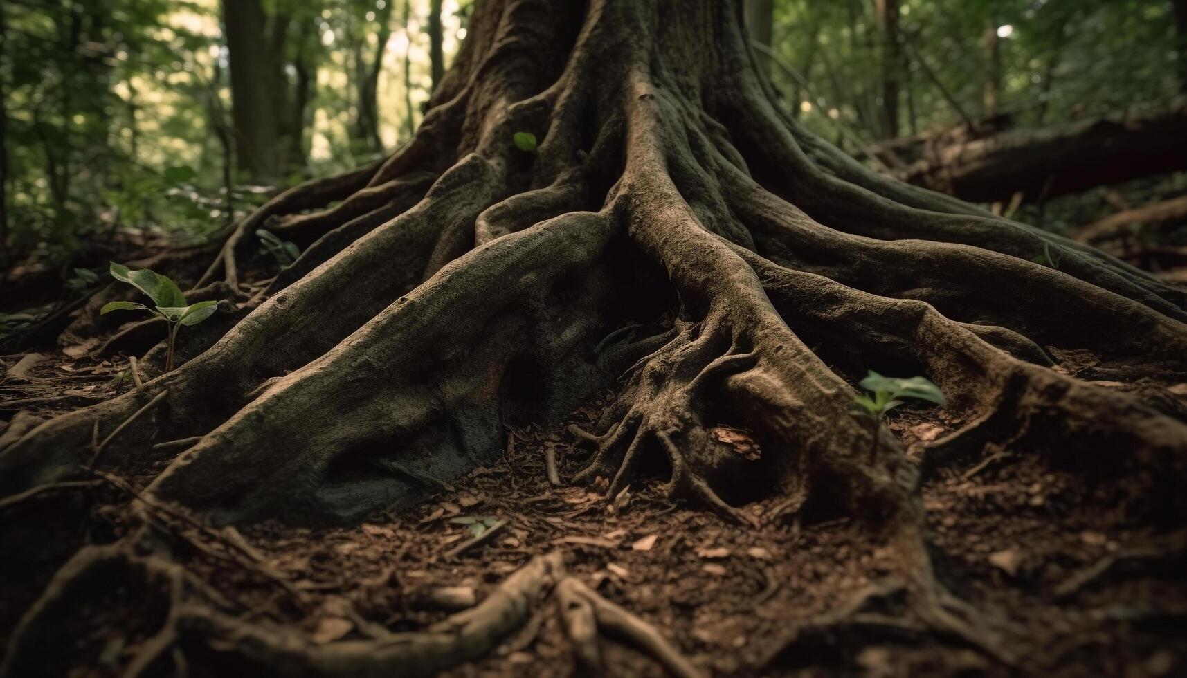 antico albero tronco intrecciate con natura forza generato di ai foto