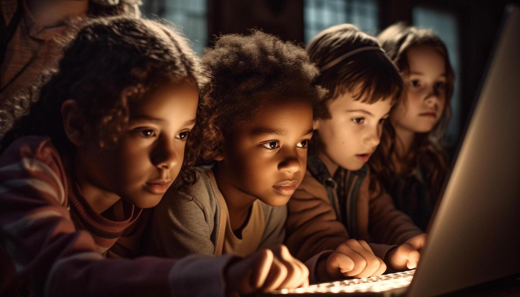 sorridente bambini bonding al di sopra di il computer portatile nel aula generato di ai foto