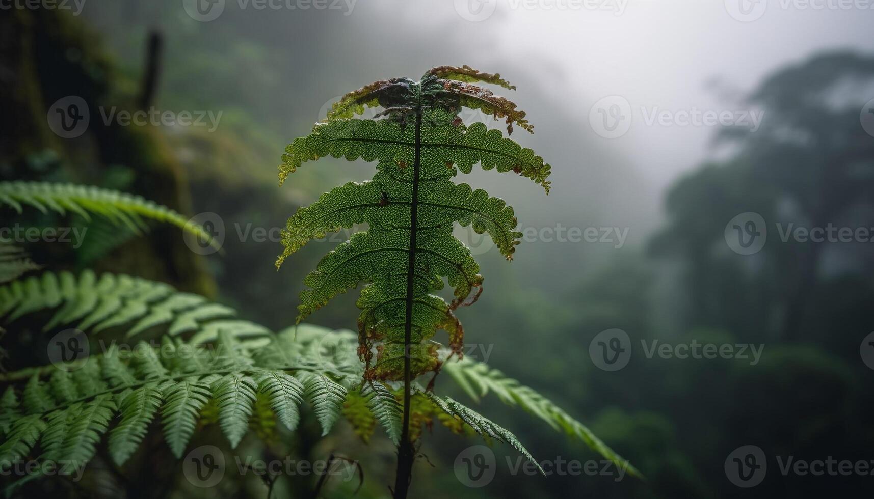 vivace felce fronda nel tranquillo foresta paesaggio generato di ai foto