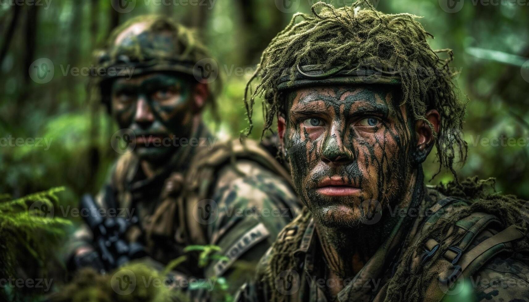 esercito soldati nel camuffare combattimento nel natura campo di battaglia generato di ai foto