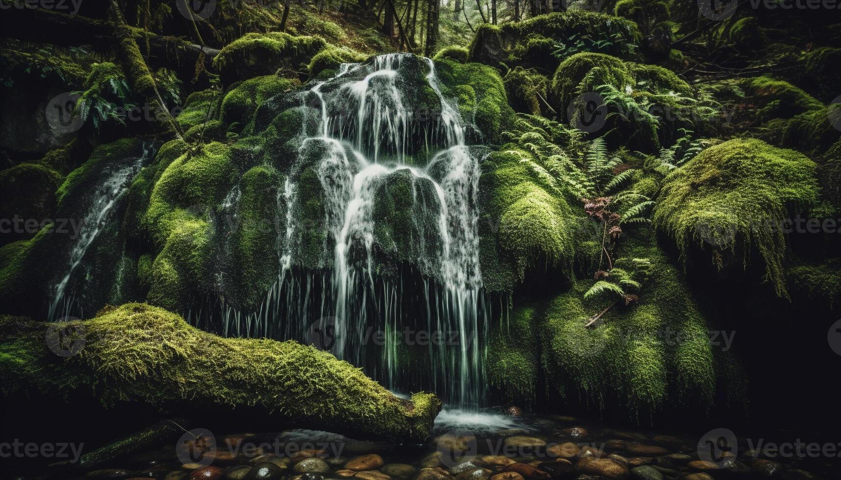 tranquillo scena di fluente acqua nel foresta generato di ai foto