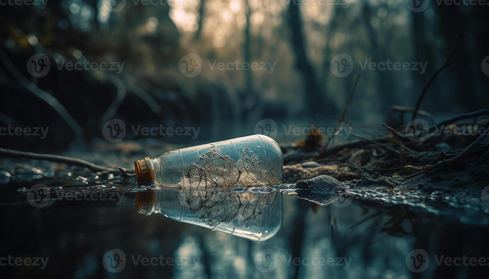 trasparente acqua bottiglia riflette foresta bellezza generato di ai foto