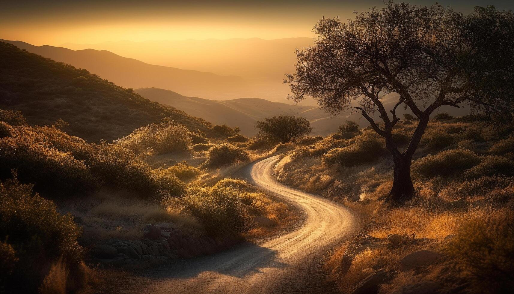 tramonto al di sopra di montagna gamma, tranquillo bellezza nel natura generato di ai foto