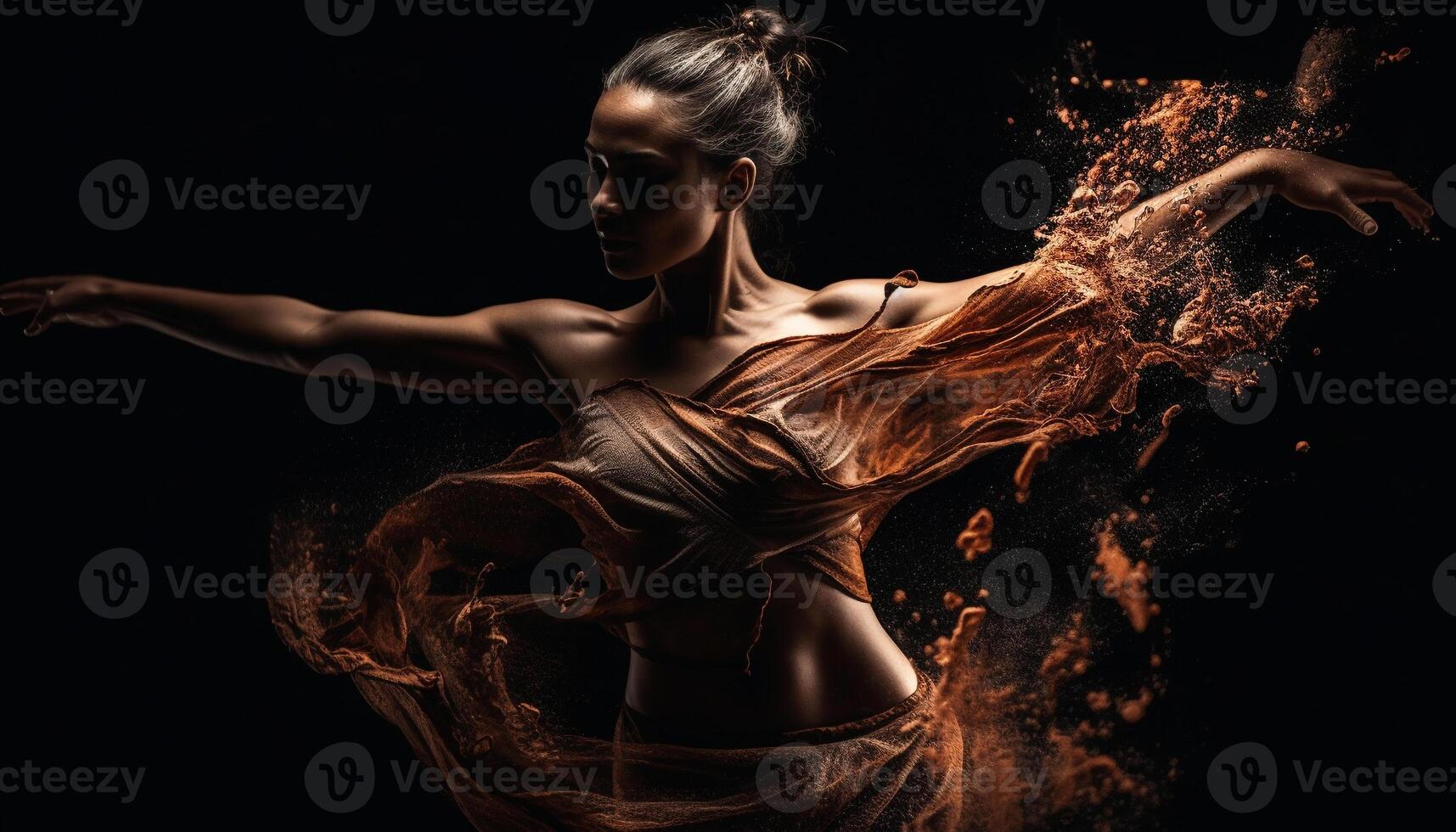 giovane donne danza con fiamme nel acqua generato di ai foto