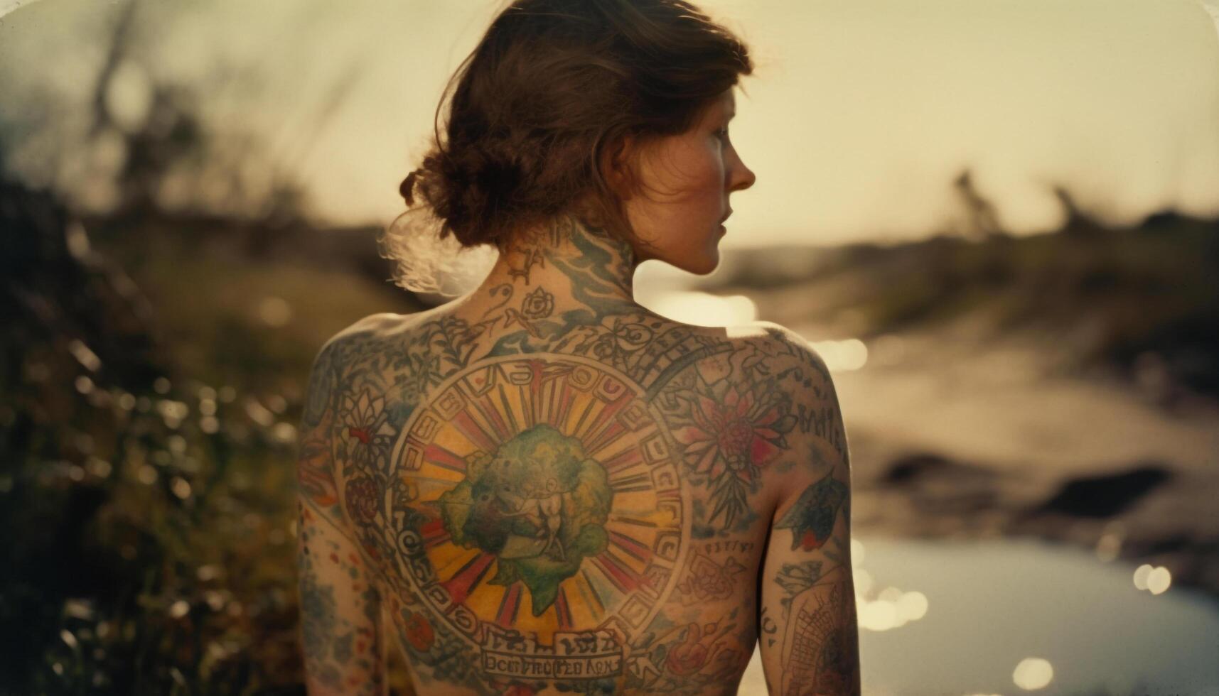 giovane donna con tatuaggio gode natura bellezza generato di ai foto