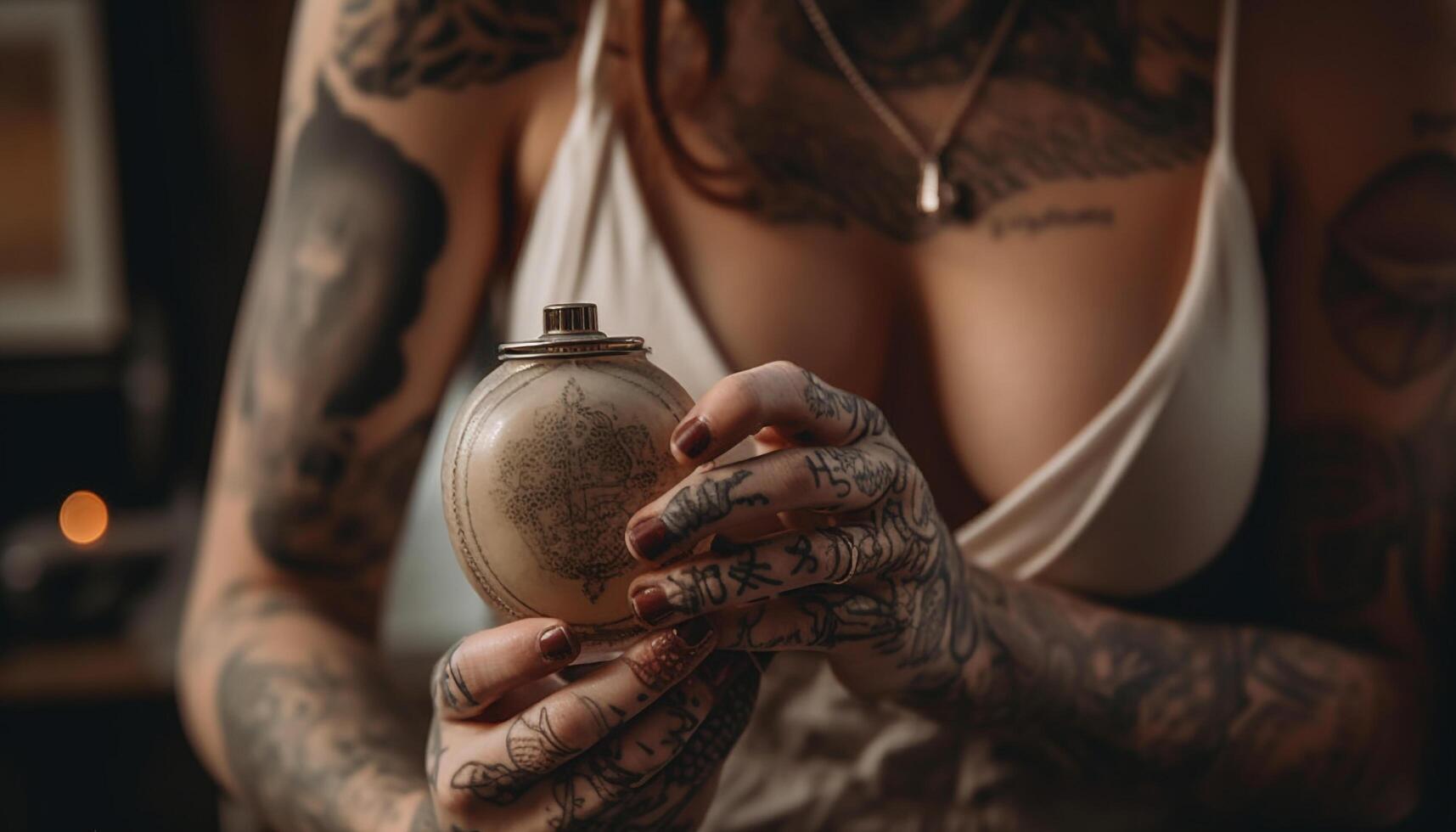 fiducioso giovane donna detiene moderno tatuaggio design generato di ai foto