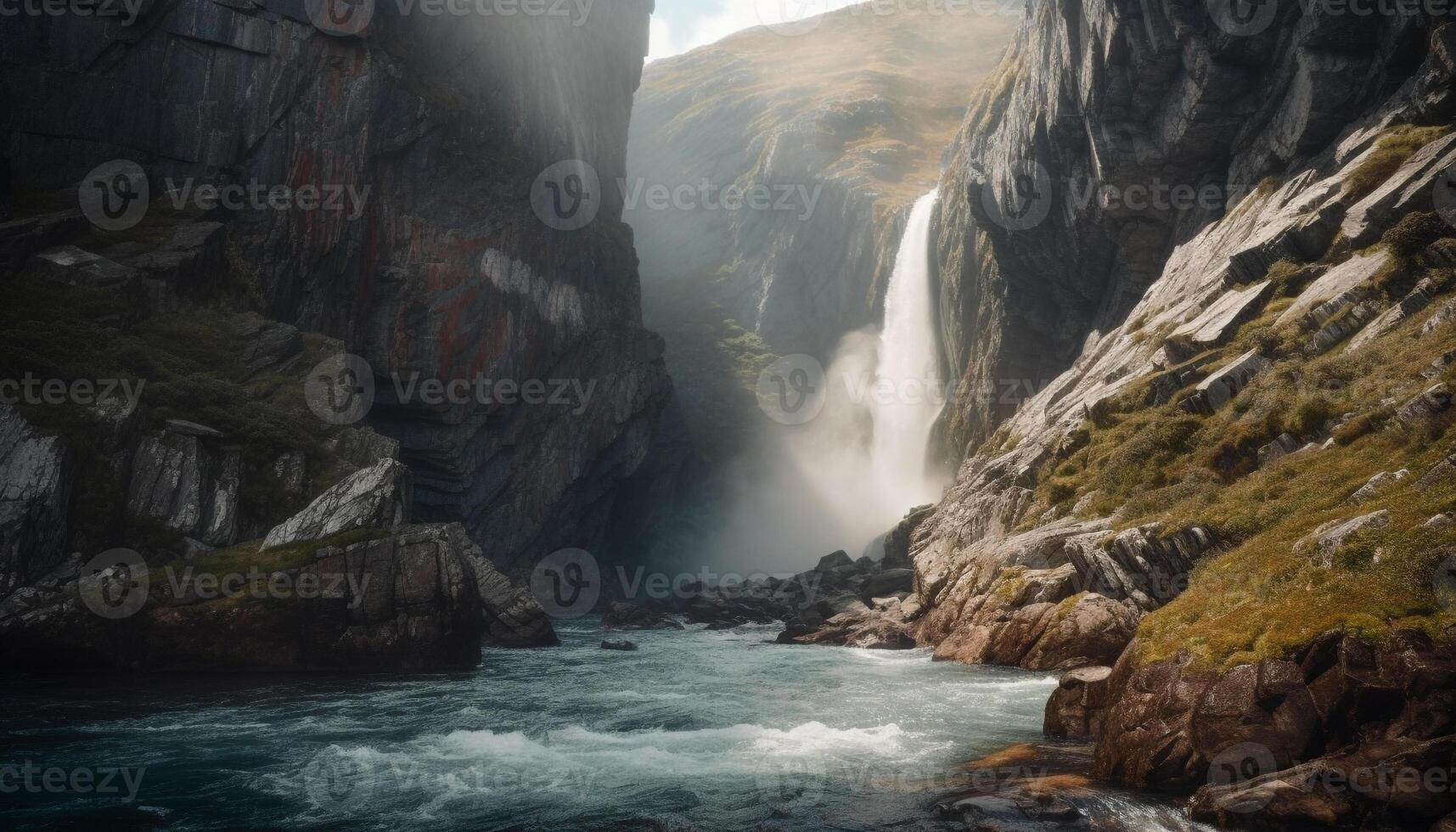 maestoso montagna gamma, fluente acqua, naturale bellezza generato di ai foto